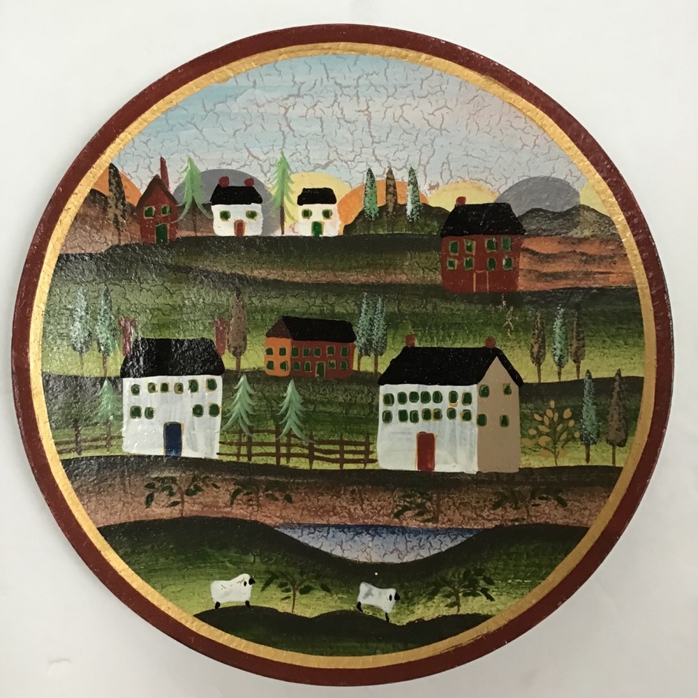 Rustic Primitive Farmhouse Scene Painted Wood Plate  NWOT